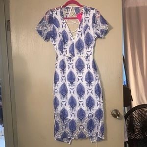 Blue and White Embroidery Like Midi Dress